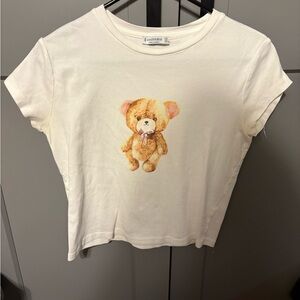 Stradivarius White Tee with Teddy Bear Print